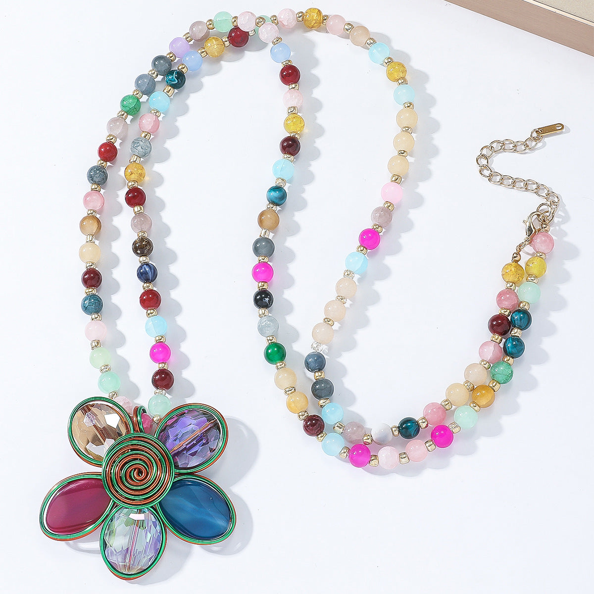 Fashion Colored Glass Beaded Flower Necklace