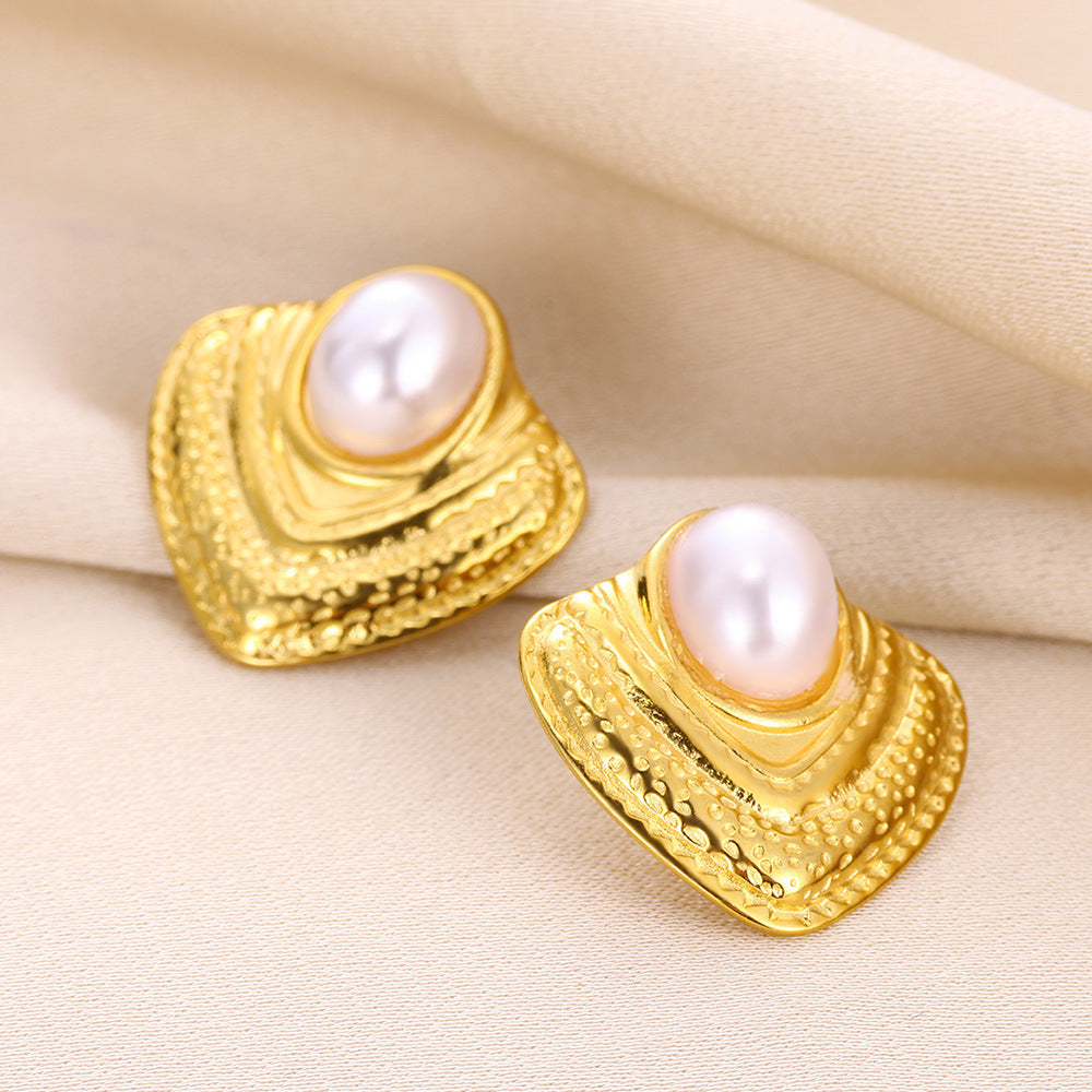 European And American Retro French High-grade Pearl 18K Gold Earrings