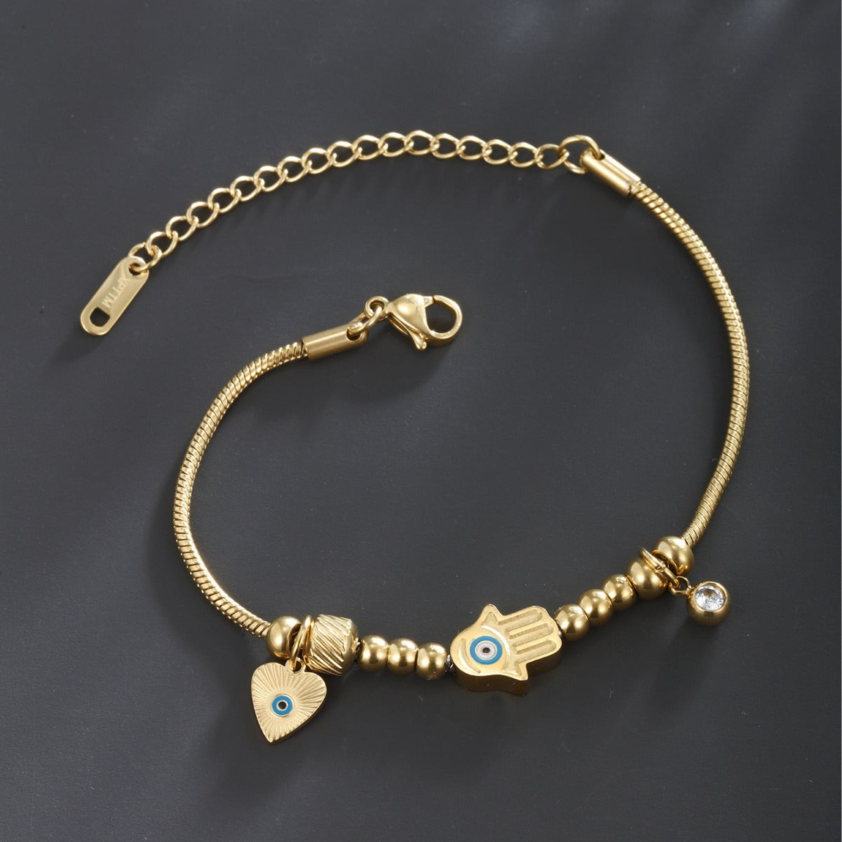 Creative Tassel Heart Round Snake Bones Chain Plated 14K Gold Bracelet