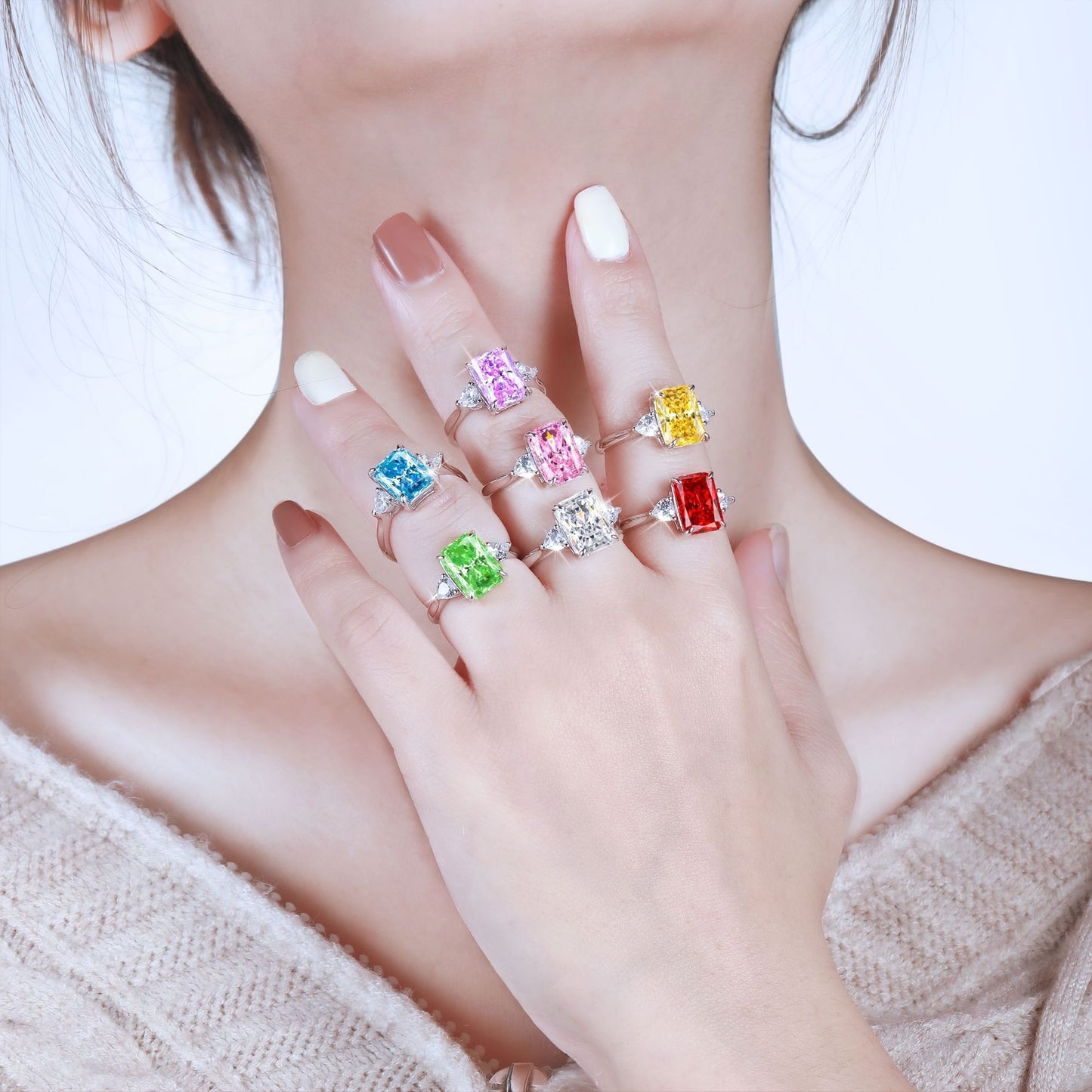 S925 Colorful Rectangular Rhinestone Ring Ins Fashion Love Rings For Women Luxury Jewelry