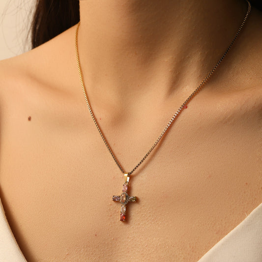 Colorful Crystals Titanium Steel Cross Necklace