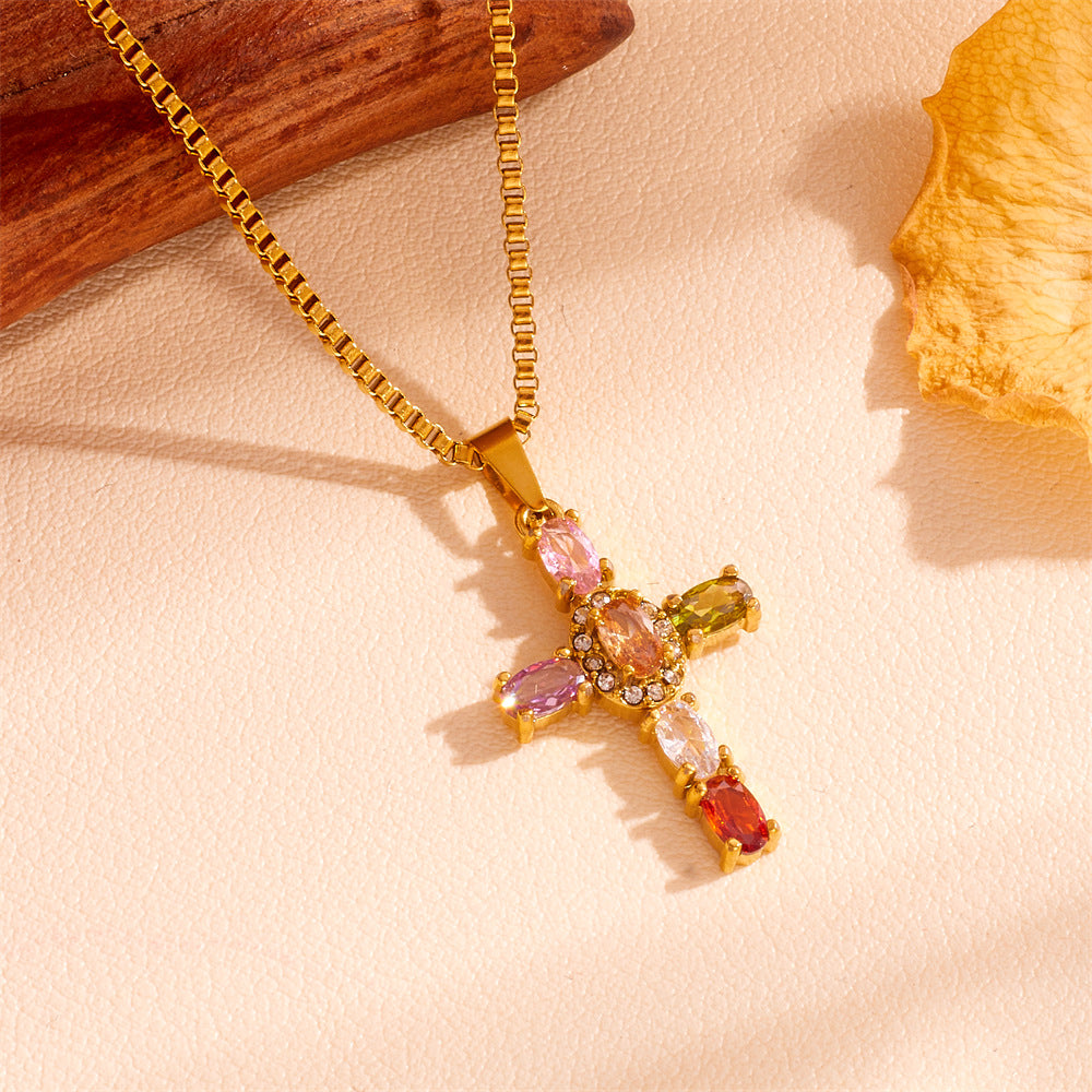 Colorful Crystals Titanium Steel Cross Necklace