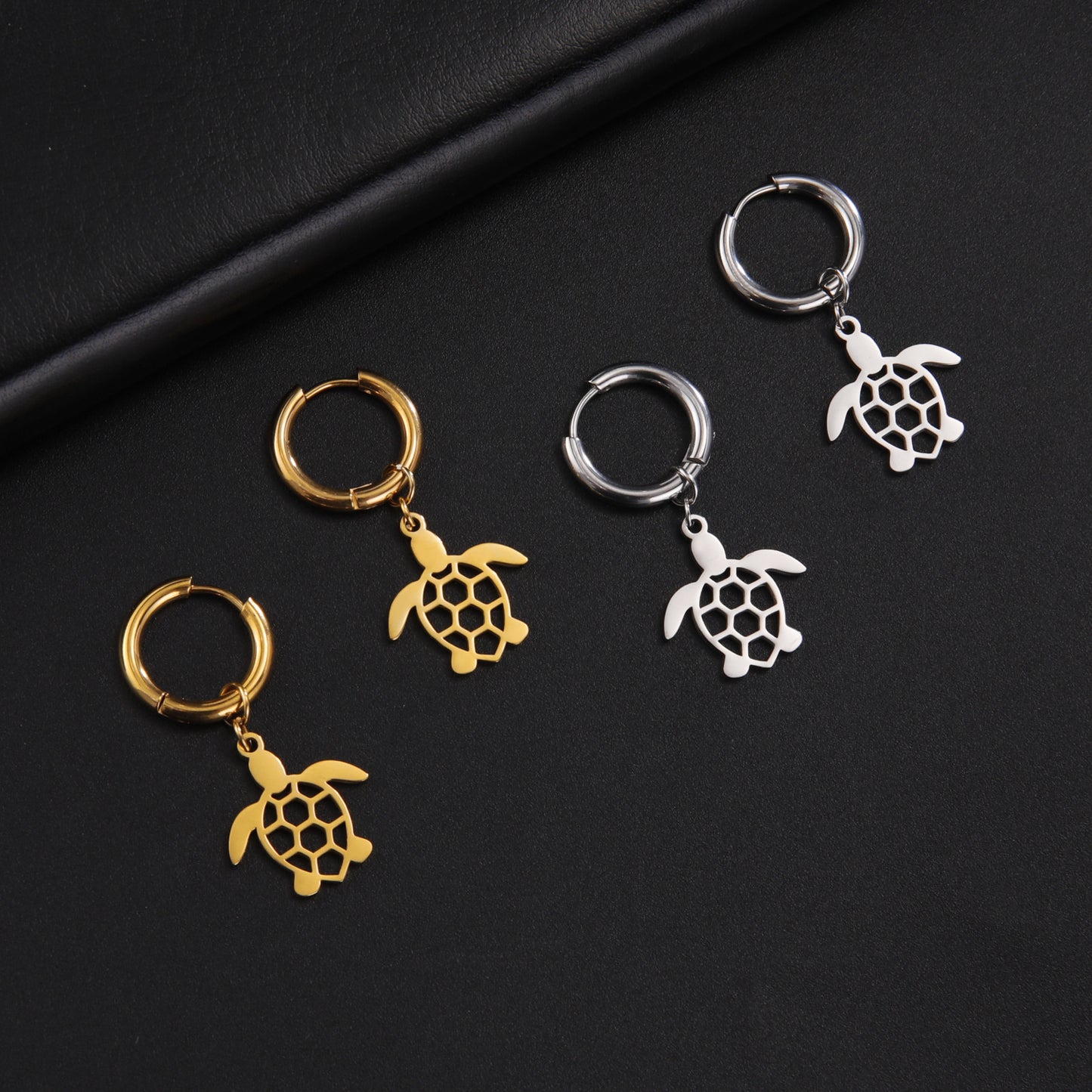 Cute Cut Hollow Turtle Pendant Stainless Steel Earrings