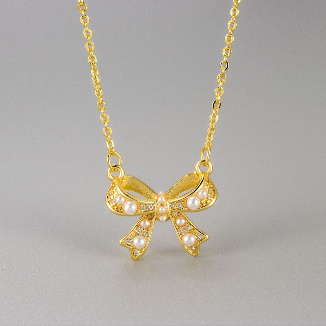 Zircon Pearl Bow Necklace For Women