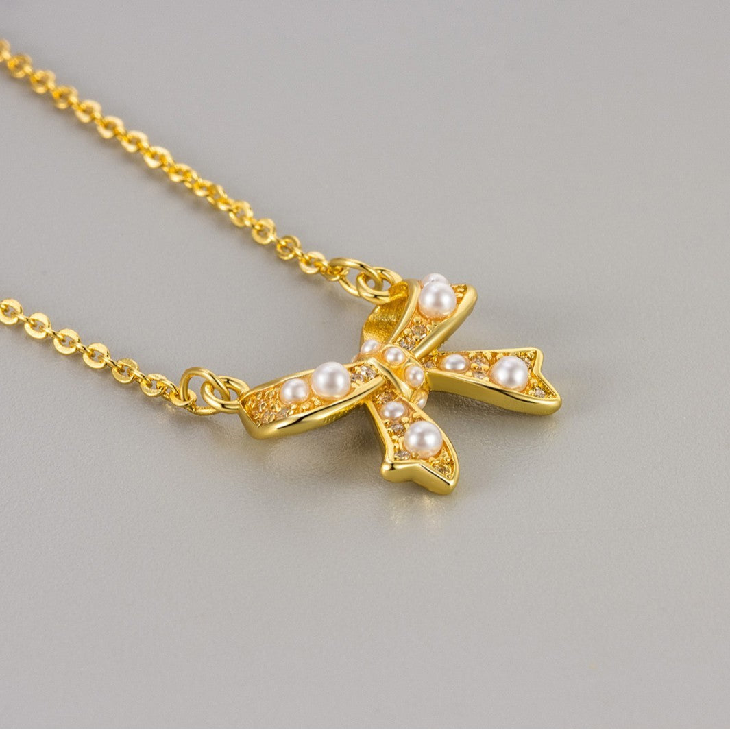 Zircon Pearl Bow Necklace For Women