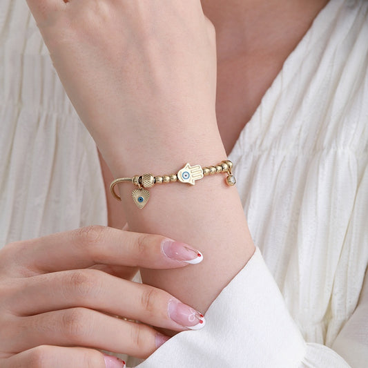 Creative Tassel Heart Round Snake Bones Chain Plated 14K Gold Bracelet