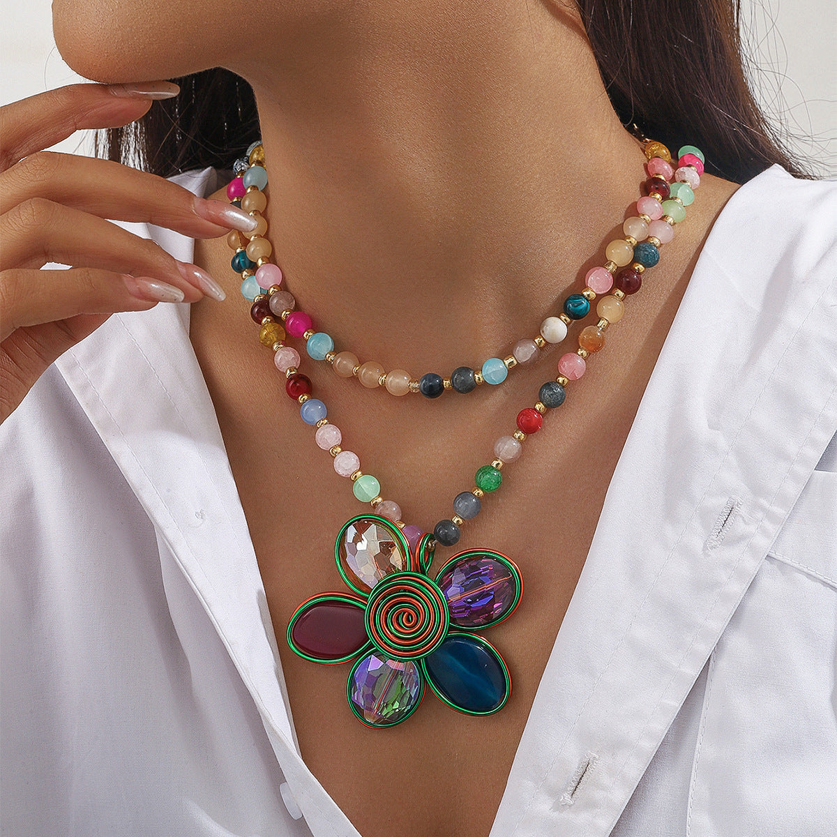 Fashion Colored Glass Beaded Flower Necklace