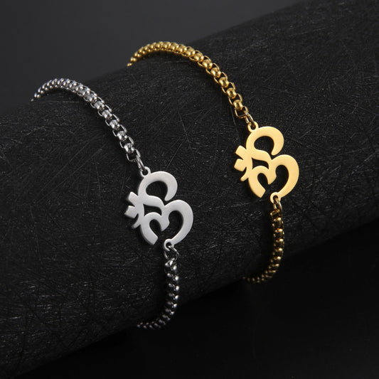 Fashion Personality 18K Real Gold Plating Yoga OM Symbol Pendant Box Chain Stainless Steel Bracelet