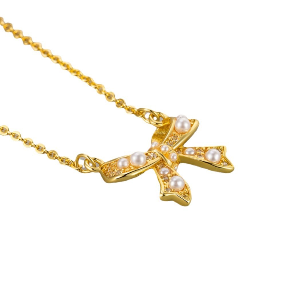 Zircon Pearl Bow Necklace For Women