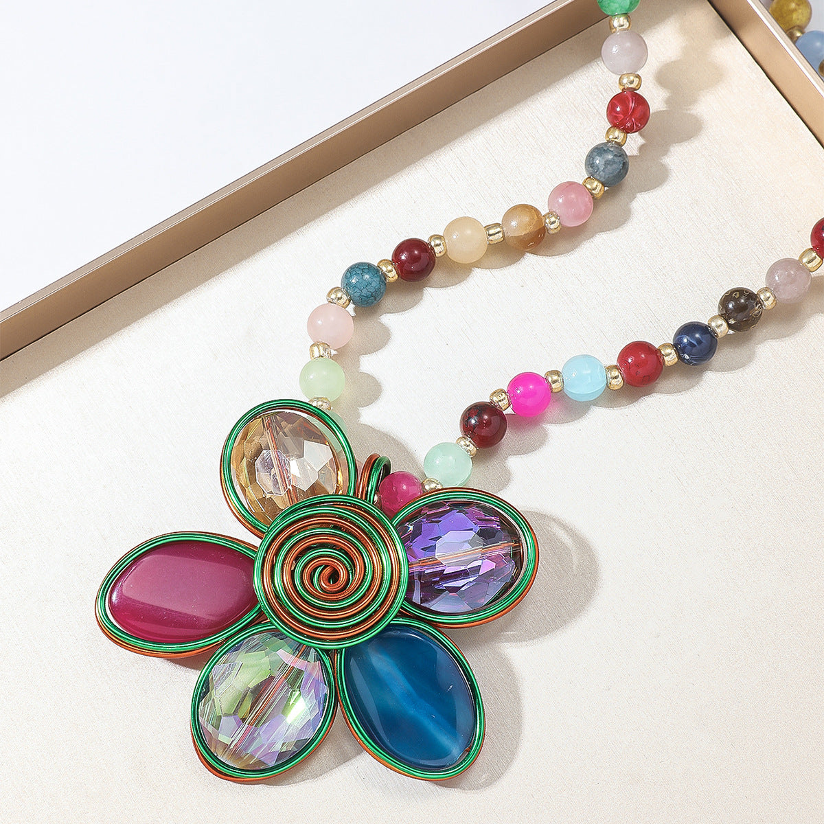 Fashion Colored Glass Beaded Flower Necklace